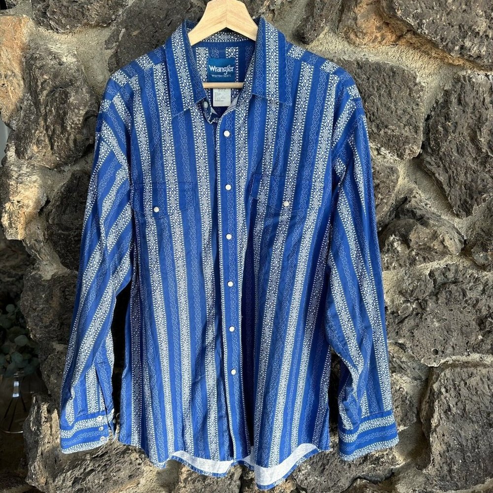 Wrangler Western Pearl Snap Button Shirt Men's XL Blue White Vtg